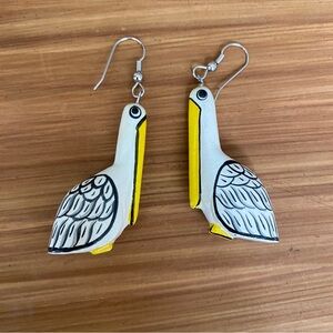 Vintage Handcrafted Pelican Bird Earrings Yellow and White